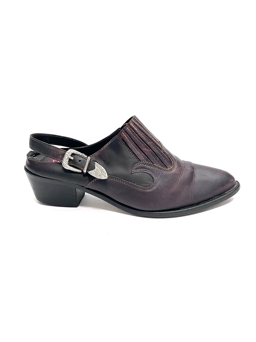 Vintage 1990s brown leather western style slingback heeled mules